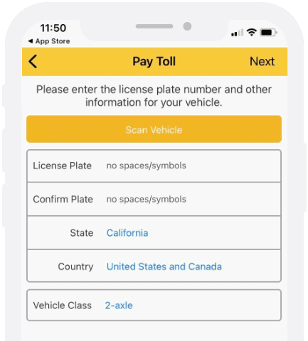 Example screenshot from The Toll Roads mobile app that shows the Pay Toll screen with a form for car information